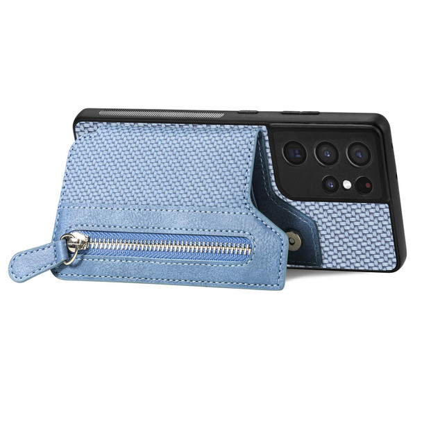 For Samsung Galaxy S21 Ultra 5G Carbon Fiber Horizontal Flip Zipper Wallet Phone Case(Blue)