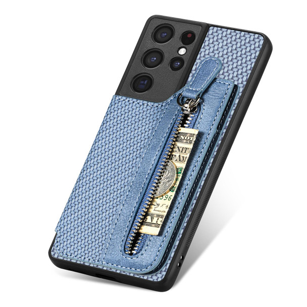 For Samsung Galaxy S21 Ultra 5G Carbon Fiber Horizontal Flip Zipper Wallet Phone Case(Blue)