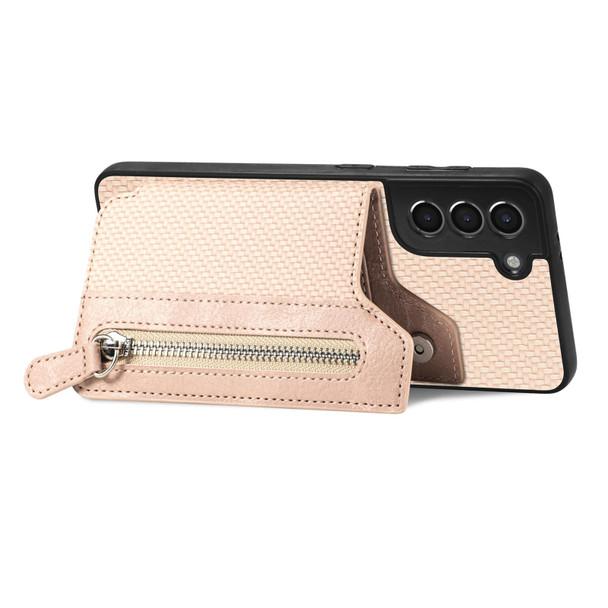 For Samsung Galaxy S21 5G Carbon Fiber Horizontal Flip Zipper Wallet Phone Case(Khaki)