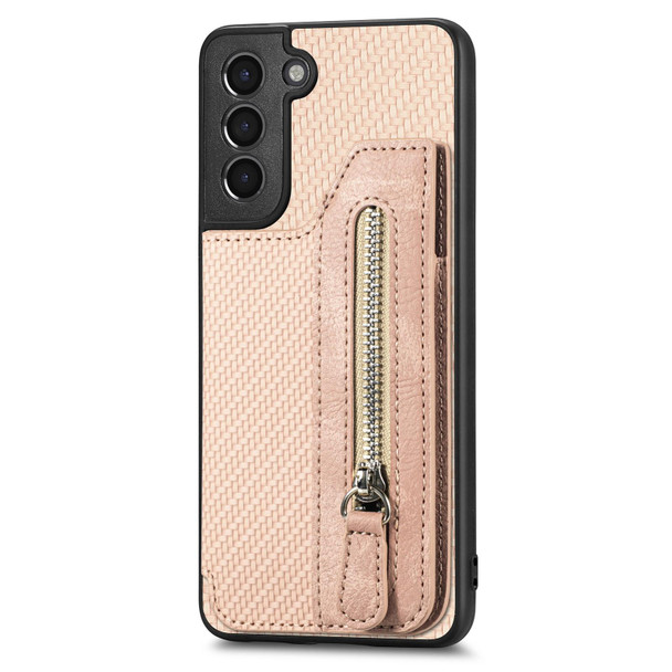 For Samsung Galaxy S21 5G Carbon Fiber Horizontal Flip Zipper Wallet Phone Case(Khaki)