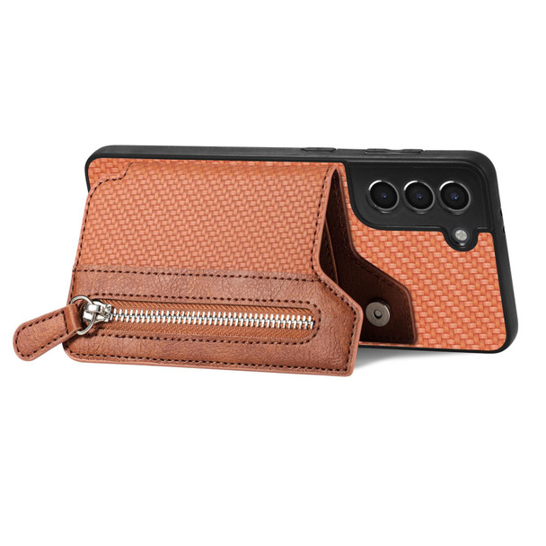 For Samsung Galaxy S21 5G Carbon Fiber Horizontal Flip Zipper Wallet Phone Case(Brown)