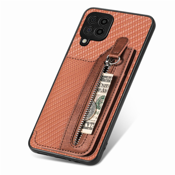 For Samsung Galaxy A22 4G Carbon Fiber Horizontal Flip Zipper Wallet Phone Case(Brown)