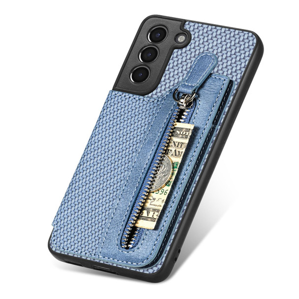 For Samsung Galaxy S21 5G Carbon Fiber Horizontal Flip Zipper Wallet Phone Case(Blue)