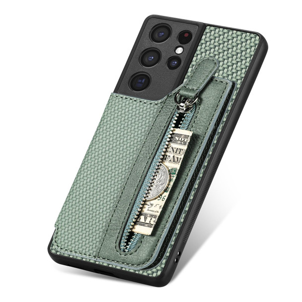 For Samsung Galaxy S21 Ultra 5G Carbon Fiber Horizontal Flip Zipper Wallet Phone Case(Green)