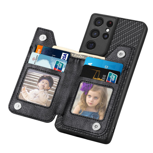 For Samsung Galaxy S21 Ultra 5G Carbon Fiber Horizontal Flip Zipper Wallet Phone Case(Black)