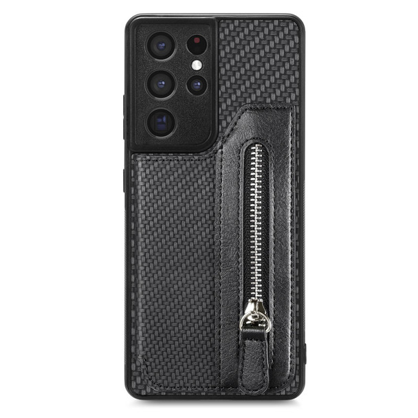For Samsung Galaxy S21 Ultra 5G Carbon Fiber Horizontal Flip Zipper Wallet Phone Case(Black)