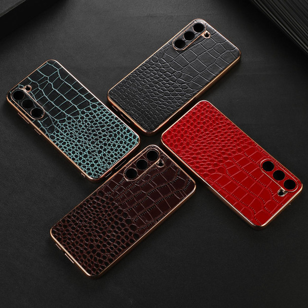 For Samsung Galaxy S23 5G Crocodile Texture Genuine Leatherette Nano Electroplating Phone Case(Coffee)