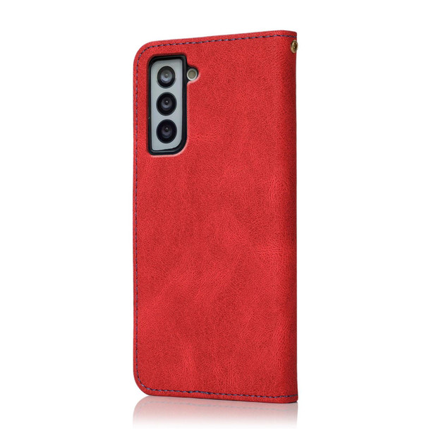 For Samsung Galaxy S21 FE 5G Dual-color Stitching Leatherette Phone Case(Red Blue)