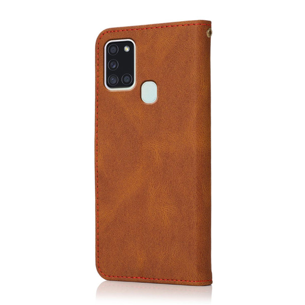 For Samsung Galaxy A21s Dual-color Stitching Leatherette Phone Case(Brown Red)