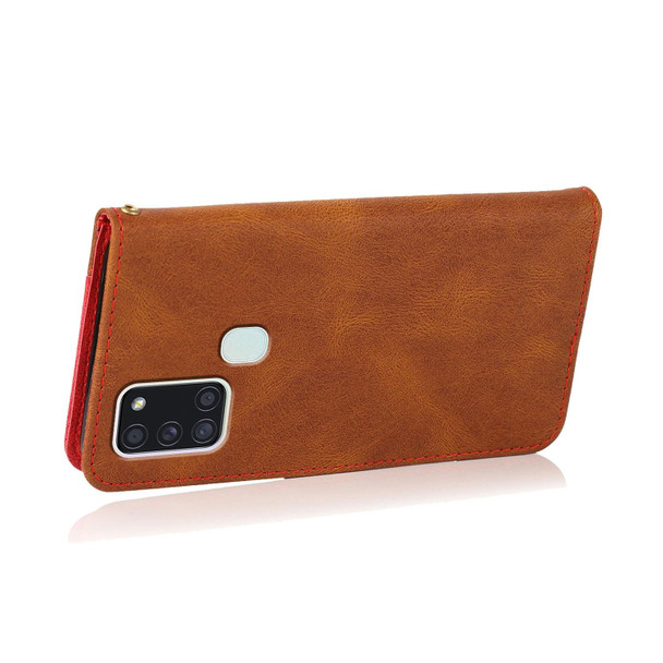 For Samsung Galaxy A21s Dual-color Stitching Leatherette Phone Case(Brown Red)