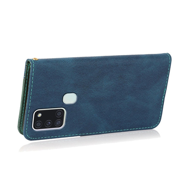For Samsung Galaxy A21s Dual-color Stitching Leatherette Phone Case(Blue Green)