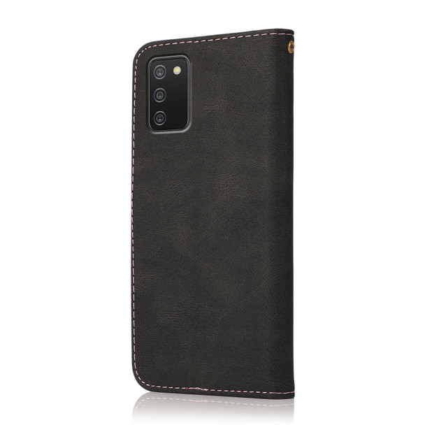For Samsung Galaxy A02s US Dual-color Stitching Leatherette Phone Case(Black Rose Gold)