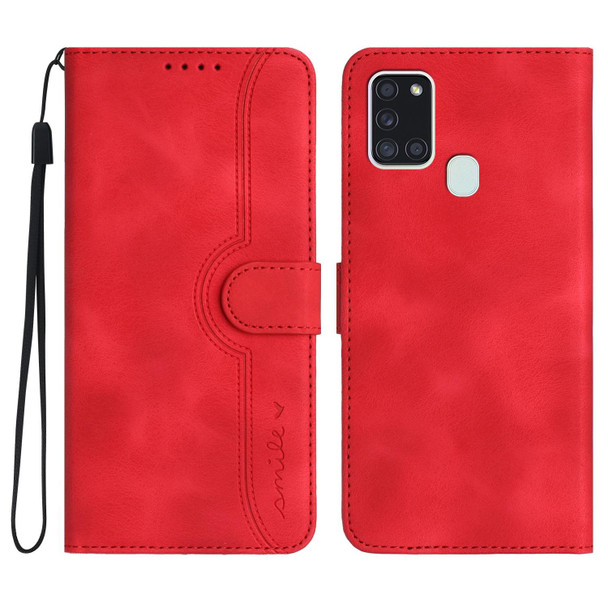 For Samsung Galaxy A21s Heart Pattern Skin Feel Leatherette Phone Case(Red)