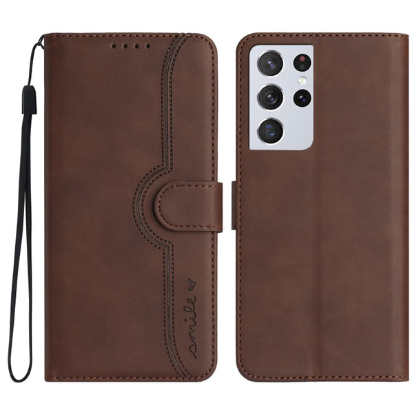 For Samsung Galaxy S21 Ultra 5G Heart Pattern Skin Feel Leatherette Phone Case(Brown)