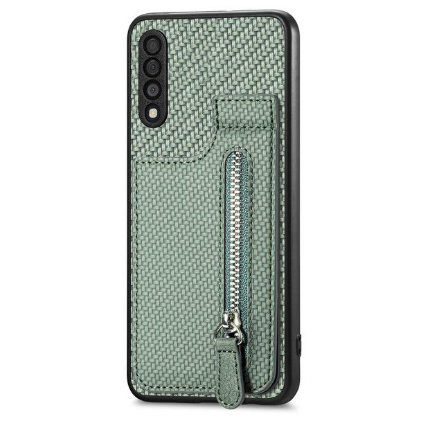 For Samsung Galaxy A50 Carbon Fiber Vertical Flip Zipper Wallet Phone Case(Green)