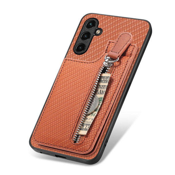 For Samsung Galaxy A14 5G Carbon Fiber Vertical Flip Zipper Wallet Phone Case(Brown)