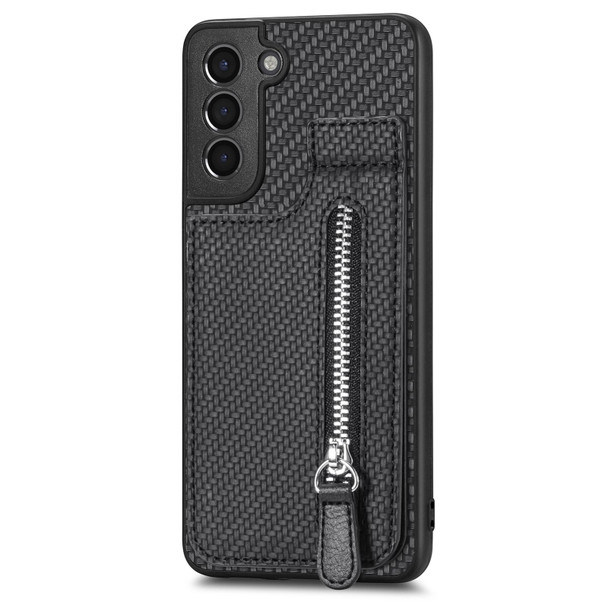 For Samsung Galaxy S21 5G Carbon Fiber Vertical Flip Zipper Wallet Phone Case(Black)