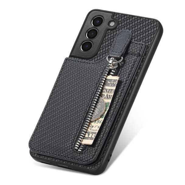 For Samsung Galaxy S21 5G Carbon Fiber Vertical Flip Zipper Wallet Phone Case(Black)