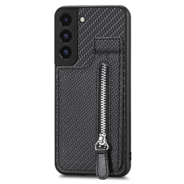 For Samsung Galaxy S22 5G Carbon Fiber Vertical Flip Zipper Wallet Phone Case(Black)