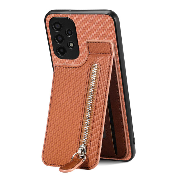 For Samsung Galaxy A13 4G Carbon Fiber Vertical Flip Zipper Wallet Phone Case(Brown)