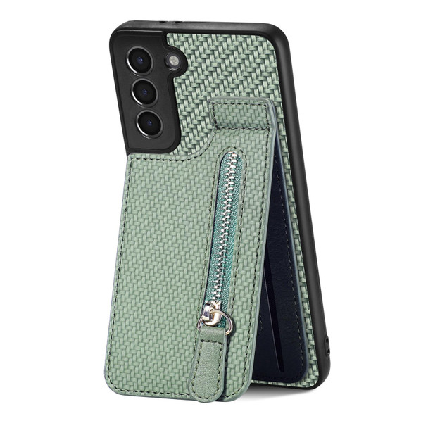 For Samsung Galaxy S21 5G Carbon Fiber Vertical Flip Zipper Wallet Phone Case(Green)