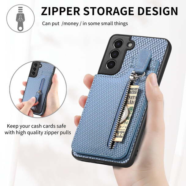 For Samsung Galaxy S21 5G Carbon Fiber Vertical Flip Zipper Wallet Phone Case(Blue)