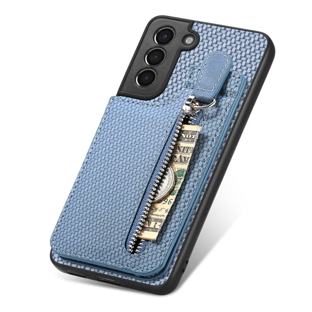 For Samsung Galaxy S21 5G Carbon Fiber Vertical Flip Zipper Wallet Phone Case(Blue)