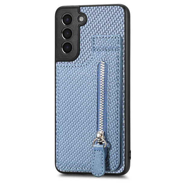 For Samsung Galaxy S21 5G Carbon Fiber Vertical Flip Zipper Wallet Phone Case(Blue)