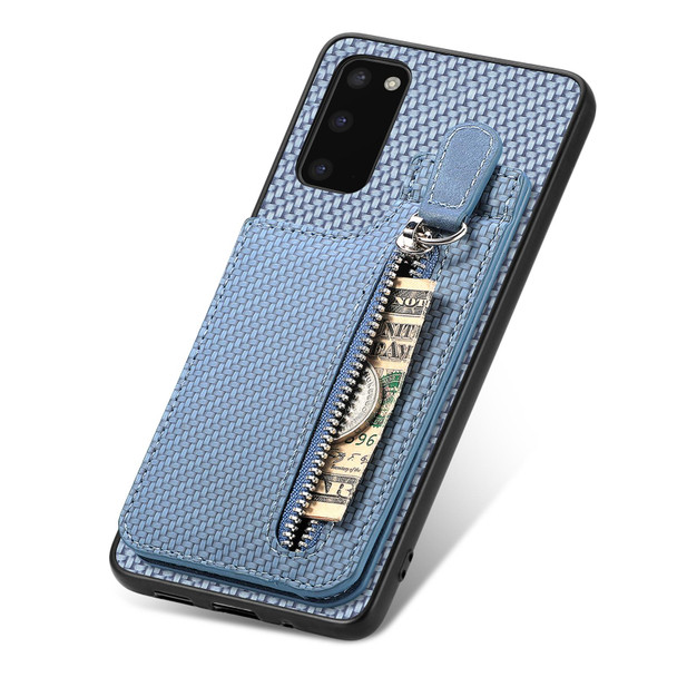 For Samsung Galaxy S20 Carbon Fiber Vertical Flip Zipper Wallet Phone Case(Blue)