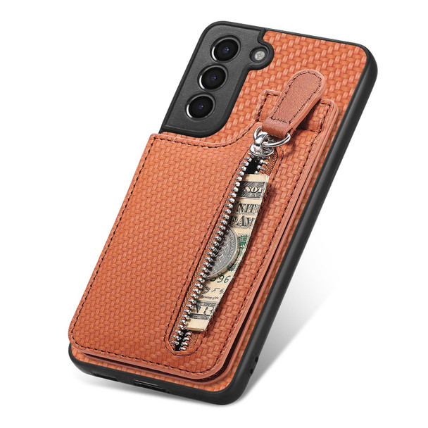 For Samsung Galaxy S21 5G Carbon Fiber Vertical Flip Zipper Wallet Phone Case(Brown)