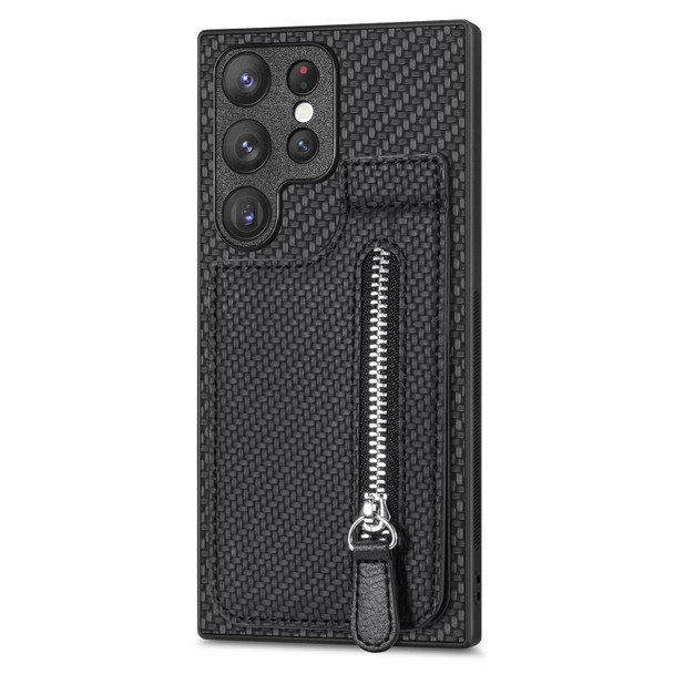For Samsung Galaxy S22 Ultra 5G Carbon Fiber Vertical Flip Zipper Wallet Phone Case(Black)