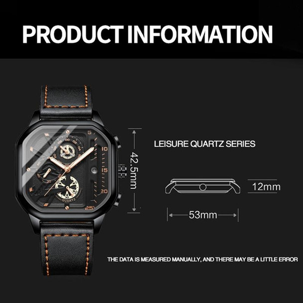 BINBOND B6577 30M Waterproof Luminous Square Quartz Watch, Color: Rose Gold-Black-Rose Gold