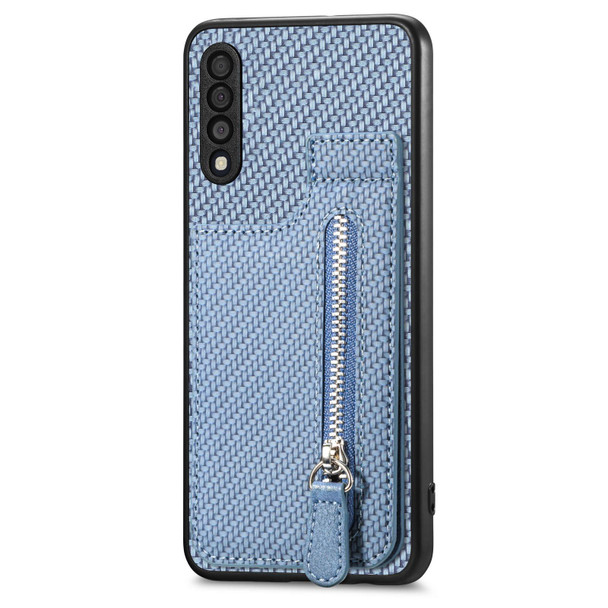 For Samsung Galaxy A50 Carbon Fiber Vertical Flip Zipper Wallet Phone Case(Blue)