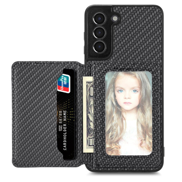 For Samsung Galaxy S21 5G Carbon Fiber Magnetic Card Wallet Bag Phone Case(Black)