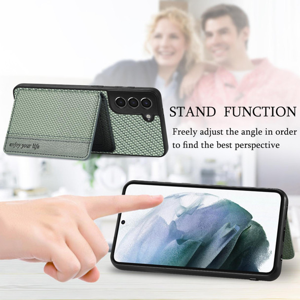 For Samsung Galaxy S21 5G Carbon Fiber Magnetic Card Wallet Bag Phone Case(Khaki)