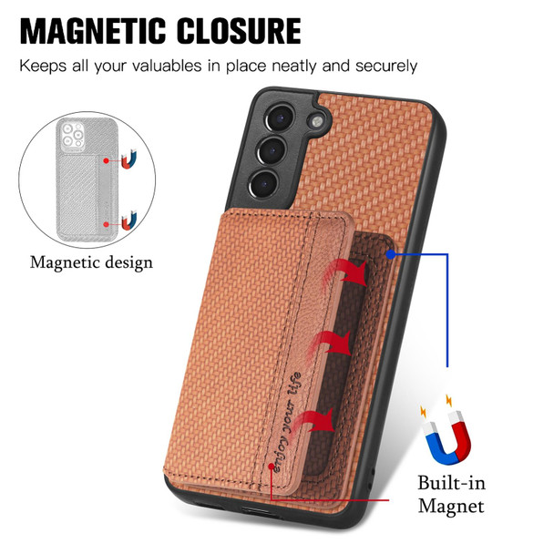 For Samsung Galaxy S21 5G Carbon Fiber Magnetic Card Wallet Bag Phone Case(Brown)