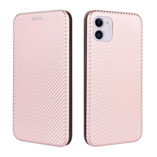 iPhone 12 / 12 Pro Carbon Fiber Texture Magnetic Horizontal Flip TPU + PC + PU Leather Case with Card Slot(Pink)