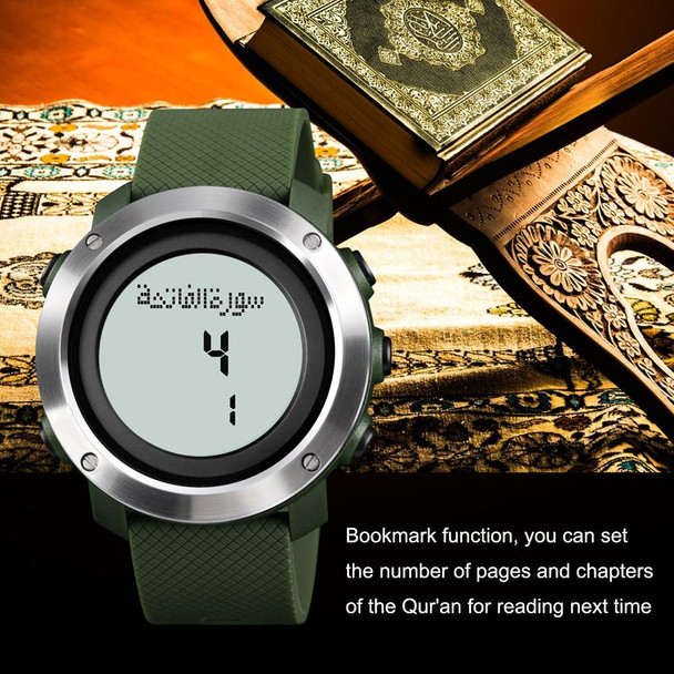 SKMEI 1728 Muslim Worships Watch Multifunctional Reminder Prayer Direction Compatriots Watch, Style:Rubber Circle Edition(Army Green White Machine)