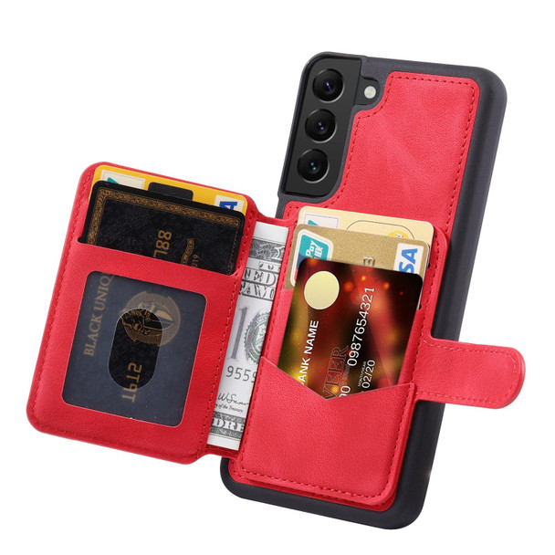 For Samsung Galaxy S21 FE 5G Skin Feel Dream Anti-theft Brush Shockproof Portable Skin Card Bag Phone Case(Red)