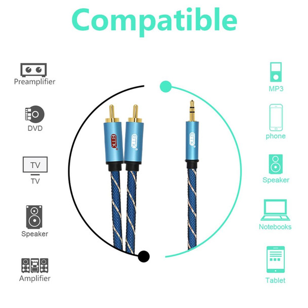 EMK 3.5mm Jack Male to 2 x RCA Male Gold Plated Connector Speaker Audio Cable, Cable Length:2m(Dark Blue)