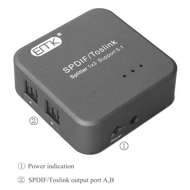 EMK 1 Input 3 Output Digital Optical Audio SPDIF Toslink Splitter Adapter (Silver Grey)