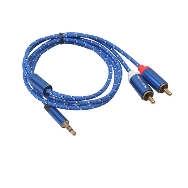 REXLIS 3610 3.5mm Male to Dual RCA Gold-plated Plug Blue Cotton Braided Audio Cable for RCA Input Interface Active Speaker, Length: 1m