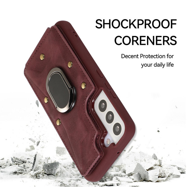 For Samsung Galaxy S22+ 5G Armor Ring Wallet Back Cover Phone Case(Wine Red)