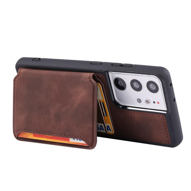 For Samsung Galaxy S21 Ultra 5G Skin Feel Dream Anti-theft Brush Shockproof Portable Skin Card Bag Phone Case(Coffee)