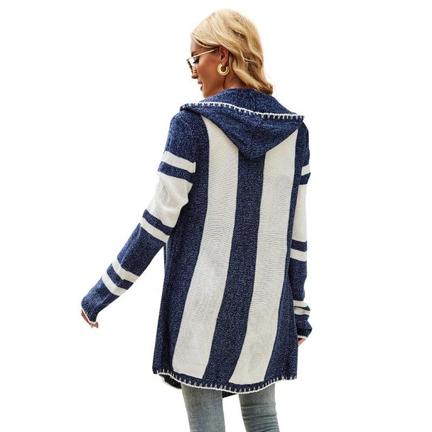 Women Striped Hooded Knit Cardigan Irregular Long-sleeved Sweater Jacket, Size: XL(Dark Brown)