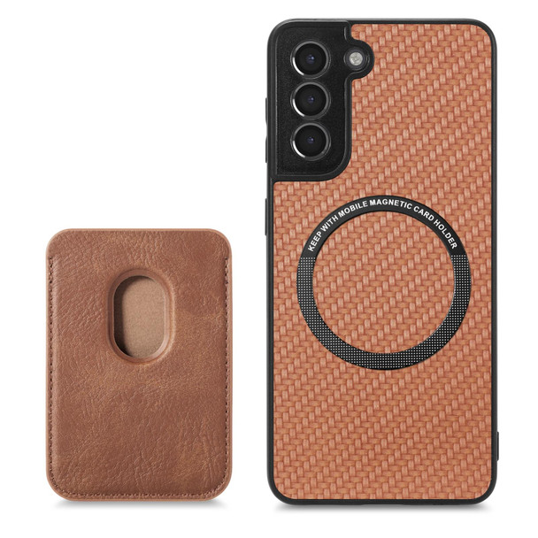 For Samsung Galaxy S21 5G Carbon Fiber Leatherette Card Magsafe Magnetic Phone Case(Brown)