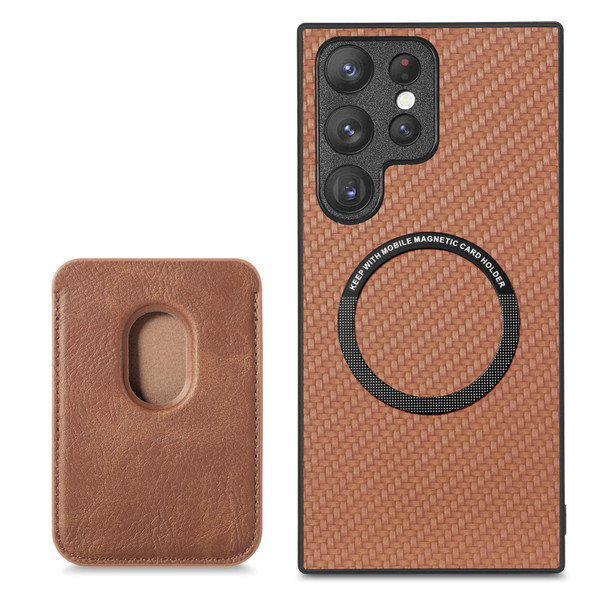 For Samsung Galaxy S22 5G Carbon Fiber Leatherette Card Magsafe Magnetic Phone Case(Brown)