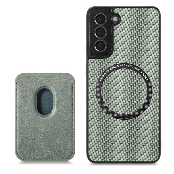 For Samsung Galaxy S21 5G Carbon Fiber Leatherette Card Magsafe Magnetic Phone Case(Green)