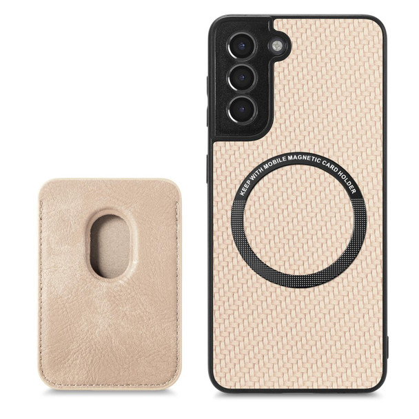 For Samsung Galaxy S21 5G Carbon Fiber Leatherette Card Magsafe Magnetic Phone Case(Khaki)