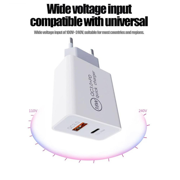 SDC-18W 18W PD 3.0 Type-C / USB-C + QC 3.0 USB Dual Fast Charging Universal Travel Charger with USB to 8 Pin Fast Charging Data Cable, EU Plug